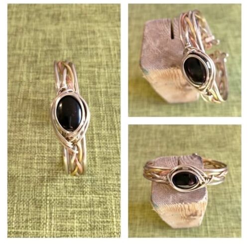 Pulsera trenzada tres metales con obsidiana